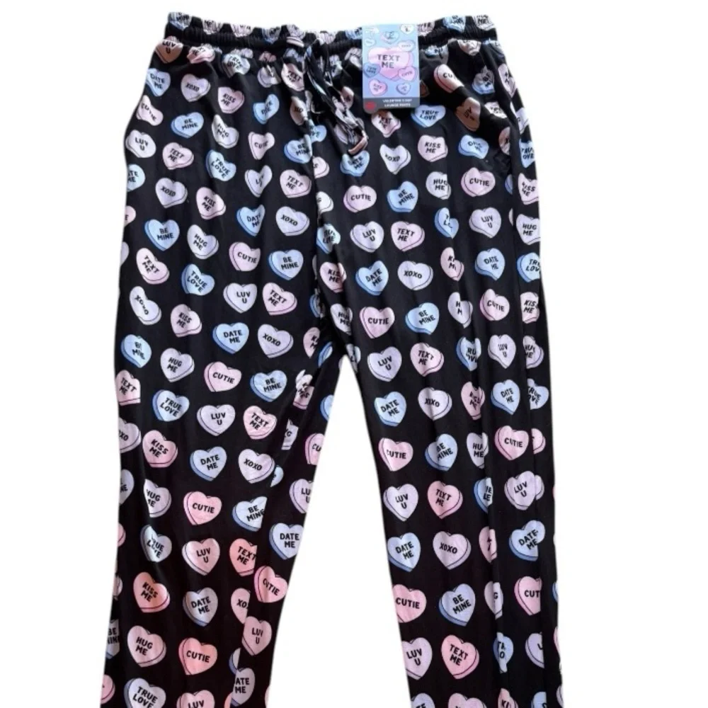 Main and Local Valentines Heart Joggers Black Pink Blue Elastic Waist L - Picture 2 of 6